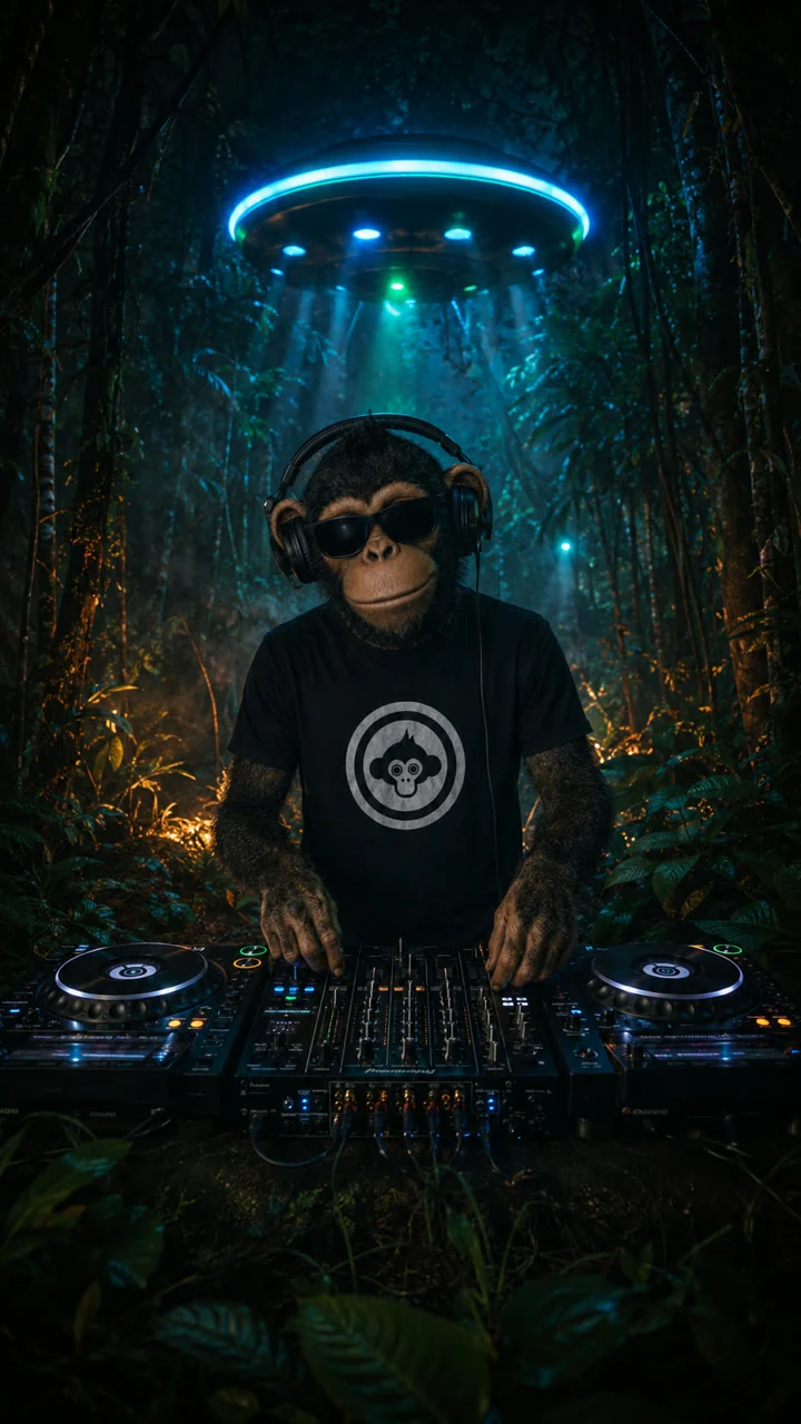 Monkey Forest Records DJ mascot at the decks in a night forest
